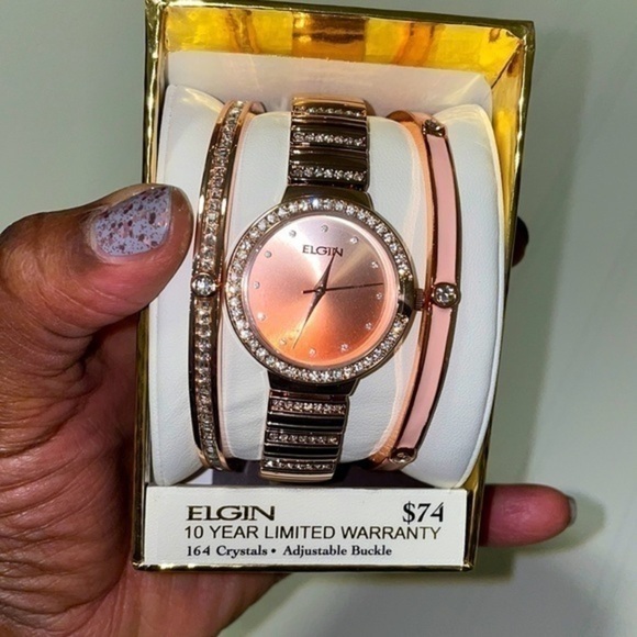 Elgin Rose watch gold tone bracelet watch coordinated set OS